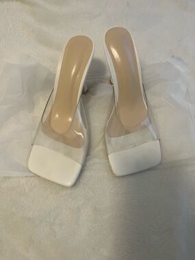 Clear Strap White Square-Toe Mule Heels